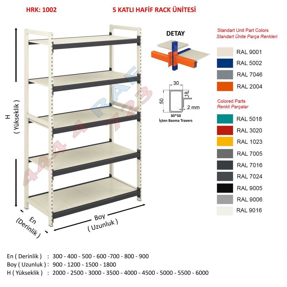 5 Katlı Hafif Rack Raf · 30×50 İçten basma