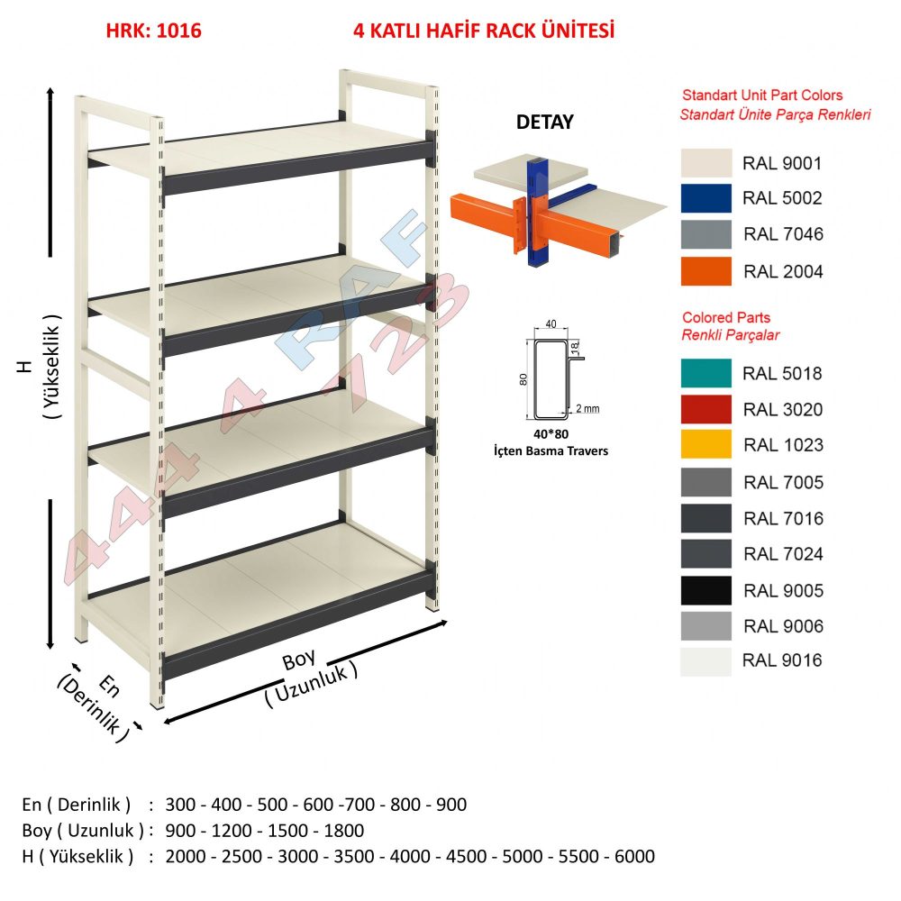 4 Katlı Hafif Rack Raf · 40×80 İçten basma