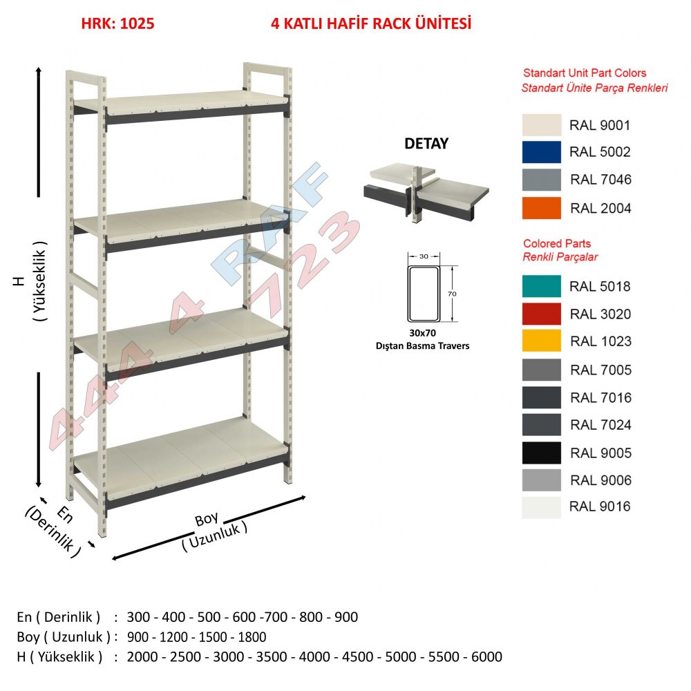 4 Katlı Hafif Rack Raf · 30×70 Dıştan basma