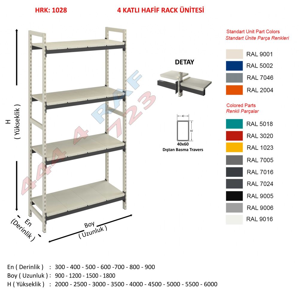 4 Katlı Hafif Rack Raf · 40×60 Dıştan basma