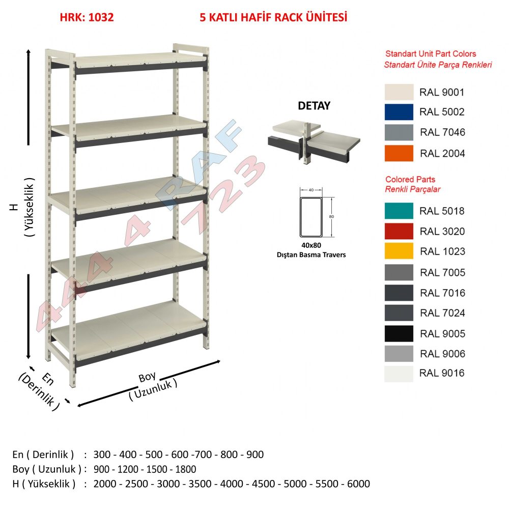 5 Katlı Hafif Rack Raf · 40×80 Dıştan basma