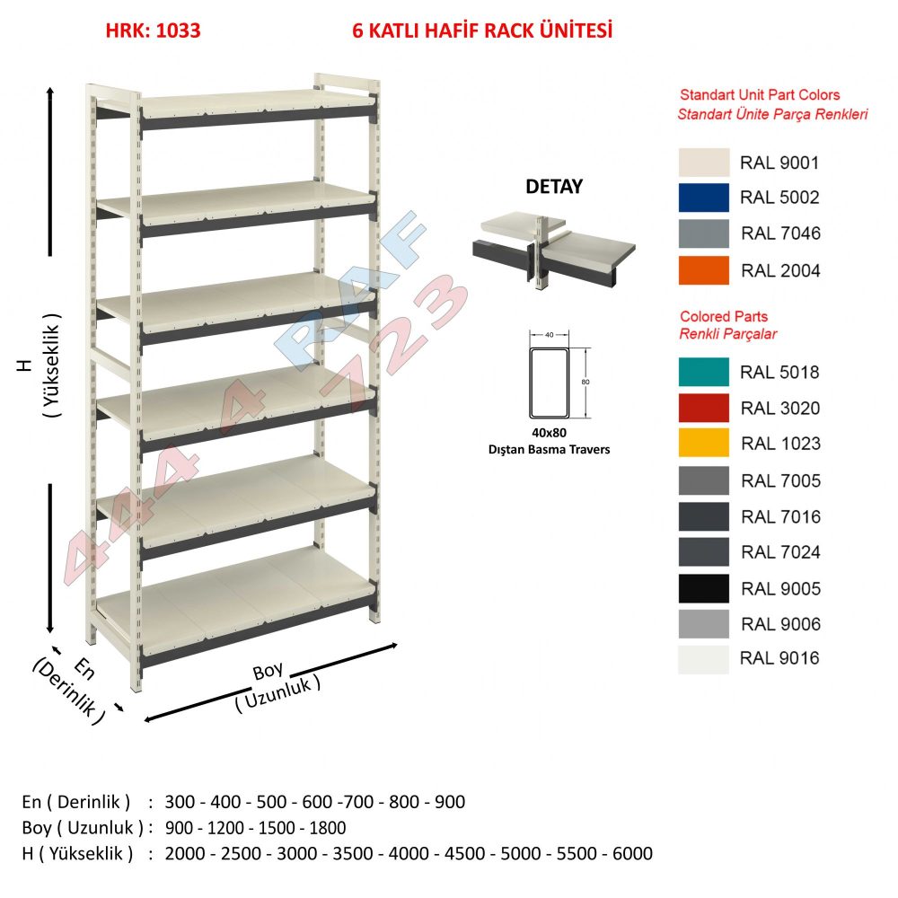 6 Katlı Hafif Rack Raf · 40×80 Dıştan basma